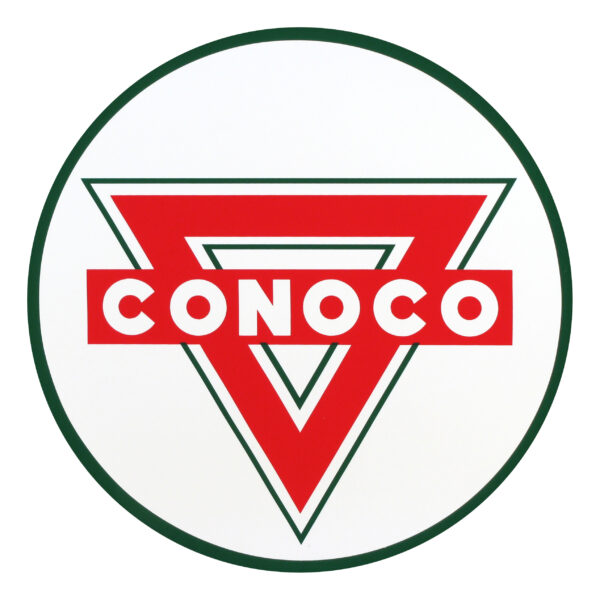Conoco Vintage Round Vinyl Decal in multiple sizes with peel-and-stick design, accurate logo, & UV-resistant printing.