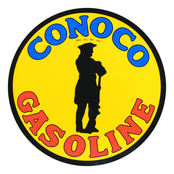 Conoco vinyl decal featuring the classic Conoco Minute Man logo, a vintage gas pump decal with peel-and-stick design, UV-resistant.