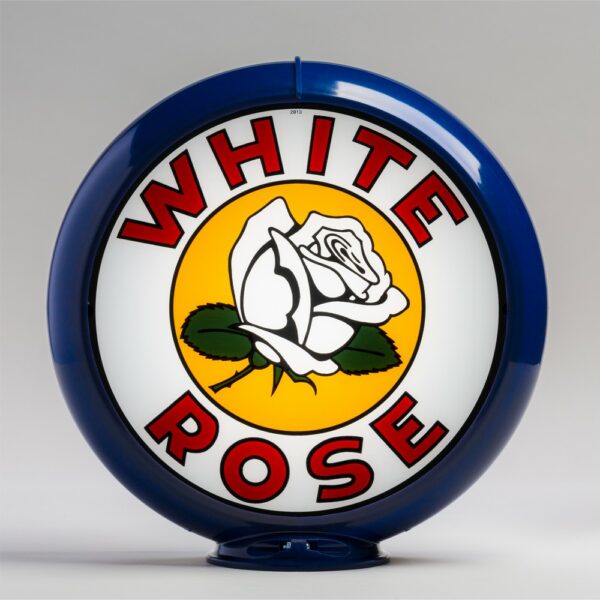 White Rose Flower 13.5" Gas Pump Globe with dark blue plastic body