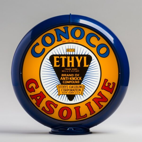 Conoco Ethyl Minute Man 13.5" Gas Pump Globe with dark blue plastic body