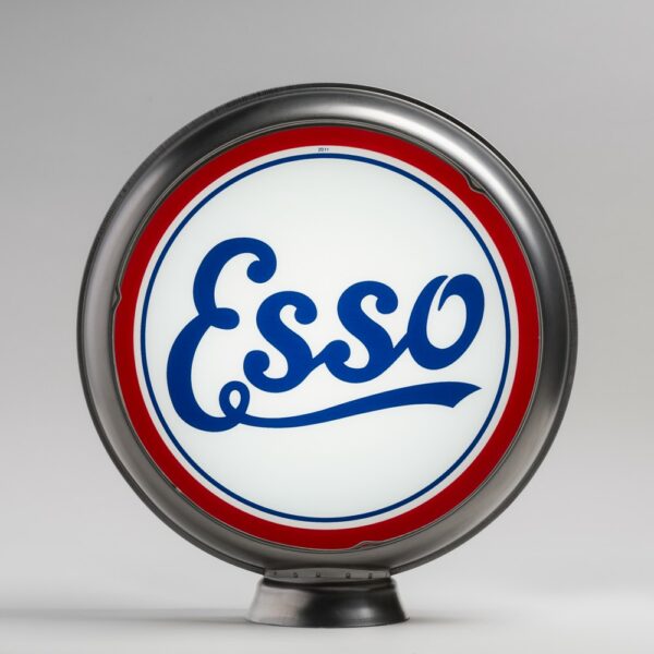 Esso Script 15” Gas Pump Globe with bold red, white, and blue design, mounted on an unpainted steel body for vintage restorations.