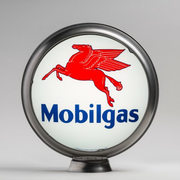 Mobilgas 15” Gas Pump Globe with vibrant red Pegasus design and kiln-fired glass lenses for vintage restoration projects.