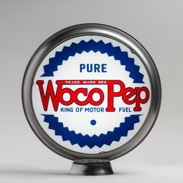 Woco Pep 15” Gas Pump Globe with vibrant blue and red design, featuring screen-printed glass lenses and unpainted steel body.