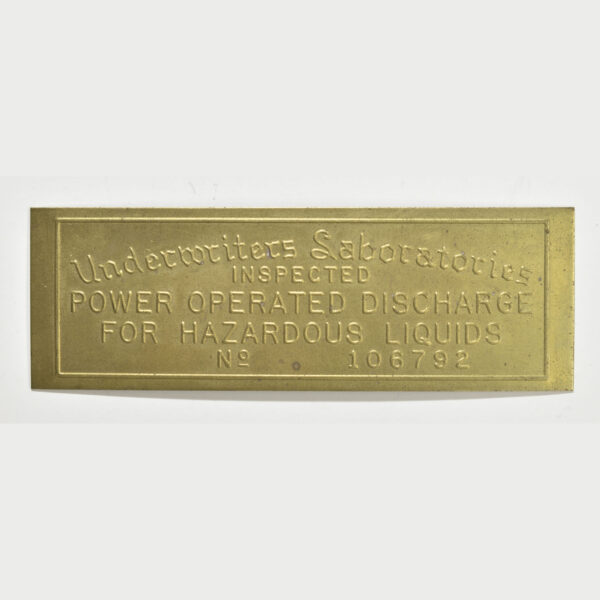 Underwriters Laboratory Brass Embossed Tag for Power Operated Pumps