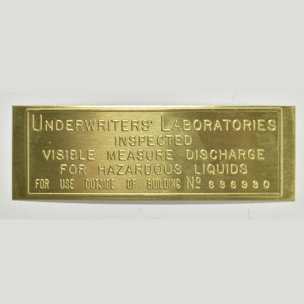 Underwriters Laboratory Brass Embossed Tag for Visible Gas Pumps