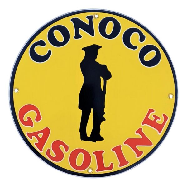 Round Conoco porcelain sign with Minuteman design for vintage gas pumps, colors in red, black, yellow, white.