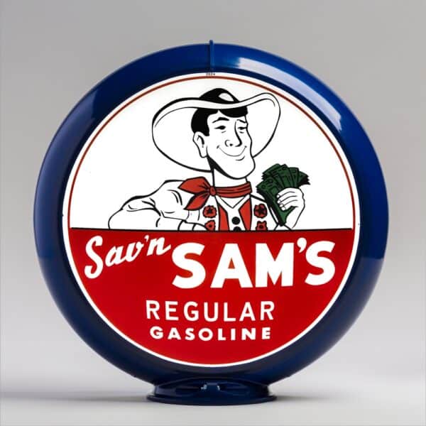 Sav'n Sam's Regular Gasoline 13.5" Gas Pump Globe with dark blue plastic body